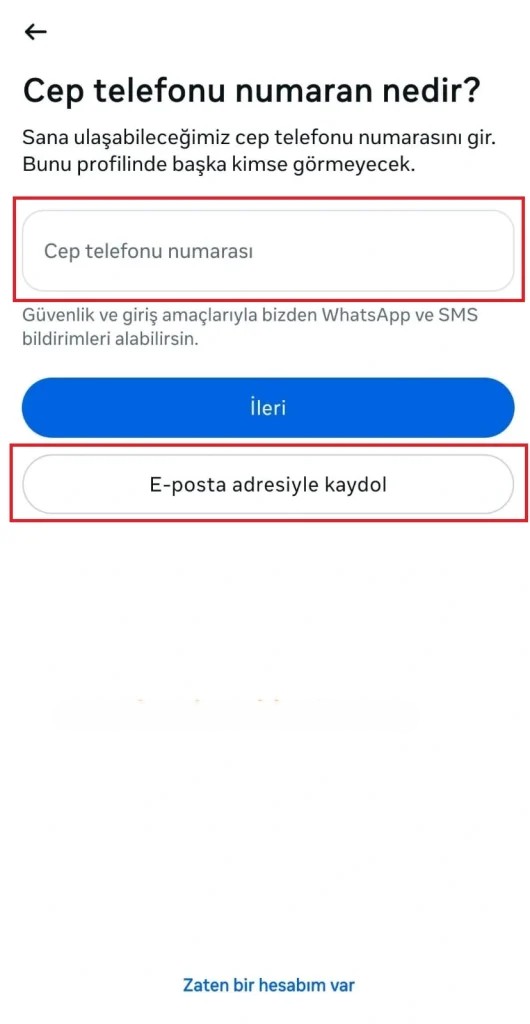 İnstagram hesap açma cep telefonu ve e-mail
