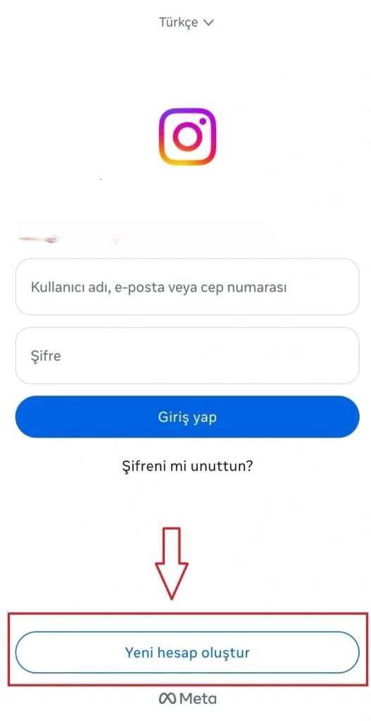 İnstagram hesap açma ana ekranı