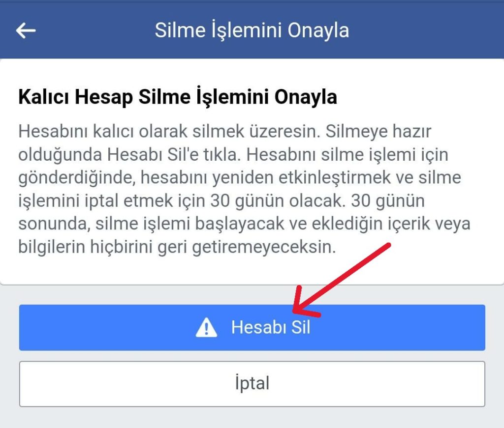 fb hesap silme butonu