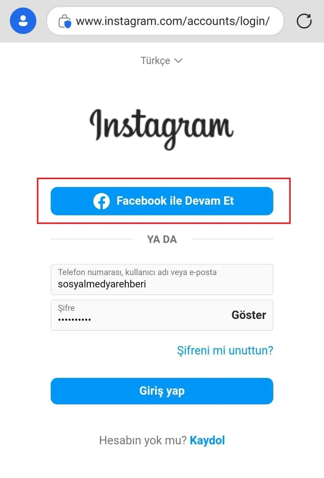 instagrama facebook ile giriş yapma