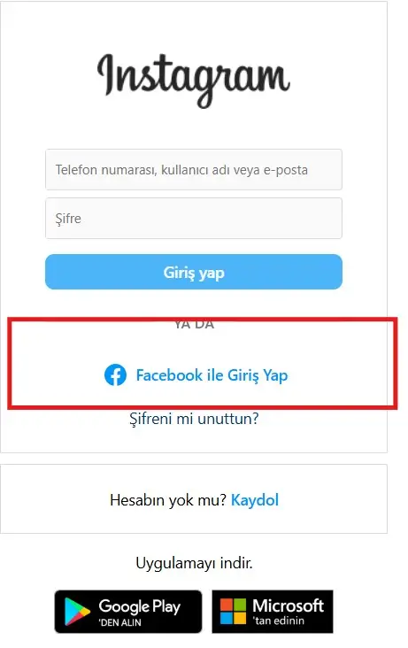 instagrama facebook ile giriş yapma