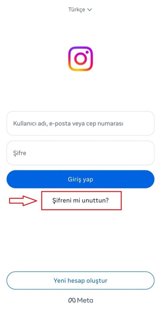 Instagram şifremi unuttum ekranı